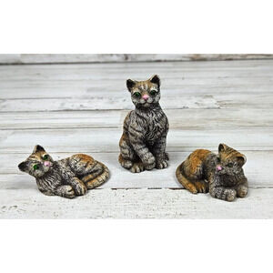 Three PIece Tabby Cat Kitten Figures Green Eyed Made In Taiwan